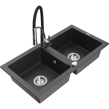 Mexen Mario granite sink 2-bowl with Aster kitchen tap, speckled black - 6504-76-73450-07
