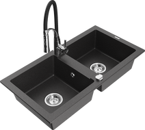 Mexen Mario granite sink 2-bowl with Aster kitchen tap, speckled black - 6504-76-73450-07
