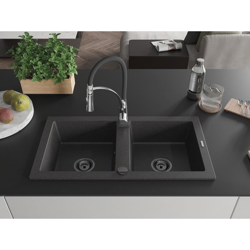 Mexen Mario fregadero de granito de 2 cubetas con grifo de cocina Aster, negro moteado - 6504-76-73450-07-B