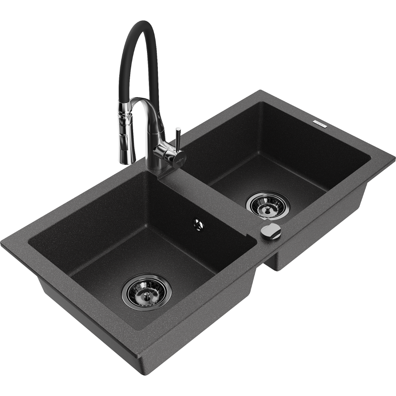 Mexen Mario évier en granit 2 bacs avec mitigeur de cuisine Aster, noir moucheté - 6504-76-73450-07-B