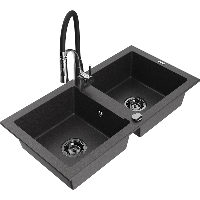 Mexen Mario lava-louça de granito de 2 cubas com torneira de cozinha Aster, preto salpicado - 6504-76-73450-07-B