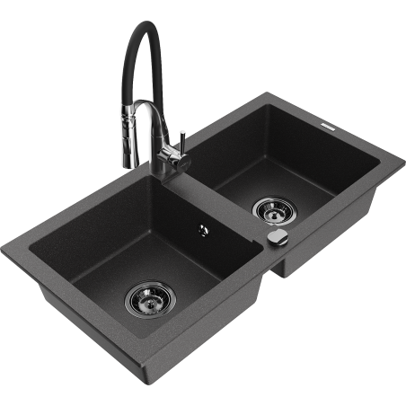 Mexen Mario fregadero de granito de 2 cubetas con grifo de cocina Aster, negro moteado - 6504-76-73450-07-B
