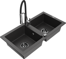Mexen Mario granite sink, 2-bowl with Aster kitchen tap, speckled black - 6504-76-73450-07-B