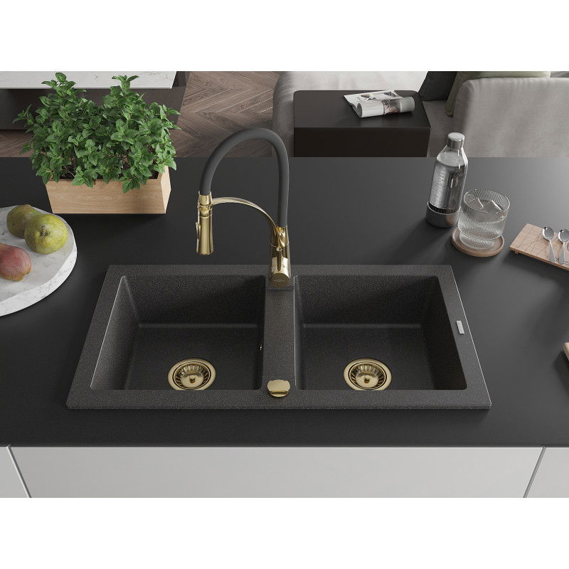 Mexen Mario granite sink 2-bowl with Aster kitchen tap, black speckled - 6504-76-73450-57-G