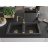 Mexen Mario granite sink 2-bowl with Aster kitchen tap, black speckled - 6504-76-73450-57-G
