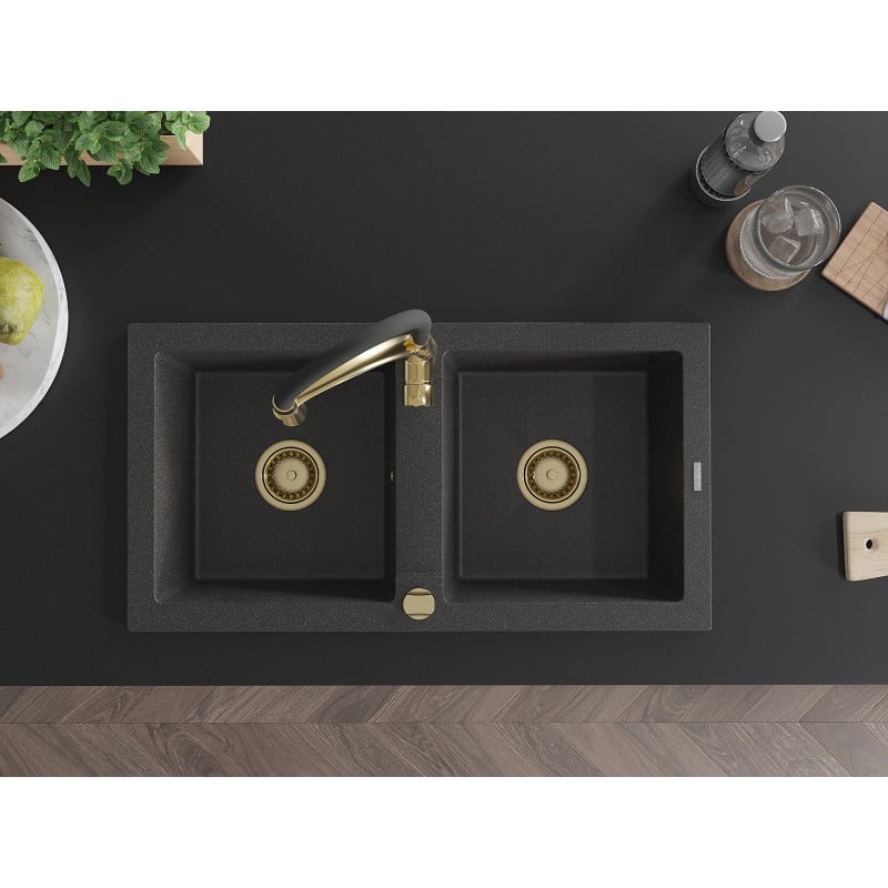 Mexen Mario fregadero de granito de 2 cuencas con grifo de cocina Aster, negro moteado - 6504-76-73450-57-G