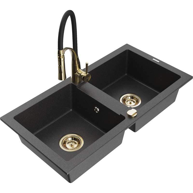 Mexen Mario évier de cuisine en granit 2 bacs avec robinetterie cuisine Aster, noir moucheté - 6504-76-73450-57-G