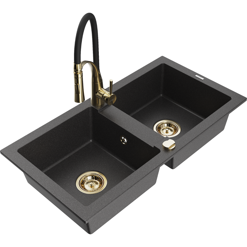 Mexen Mario fregadero de granito de 2 cuencas con grifo de cocina Aster, negro moteado - 6504-76-73450-57-G