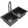 Mexen Mario granite sink 2-bowl with Aster kitchen tap, black speckled - 6504-76-73450-57-G