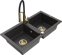 Mexen Mario fregadero de granito de 2 cuencas con grifo de cocina Aster, negro moteado - 6504-76-73450-57-G