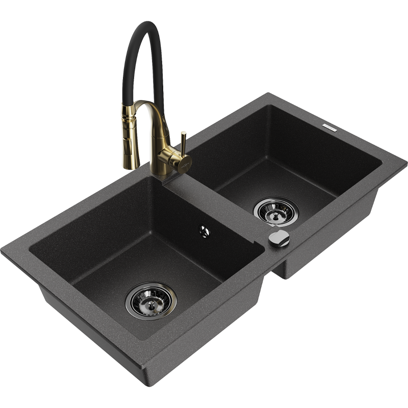 Mexen Mario fregadero de granito de 2 compartimentos con grifo de cocina Aster, negro moteado - 6504-76-73450-57-B