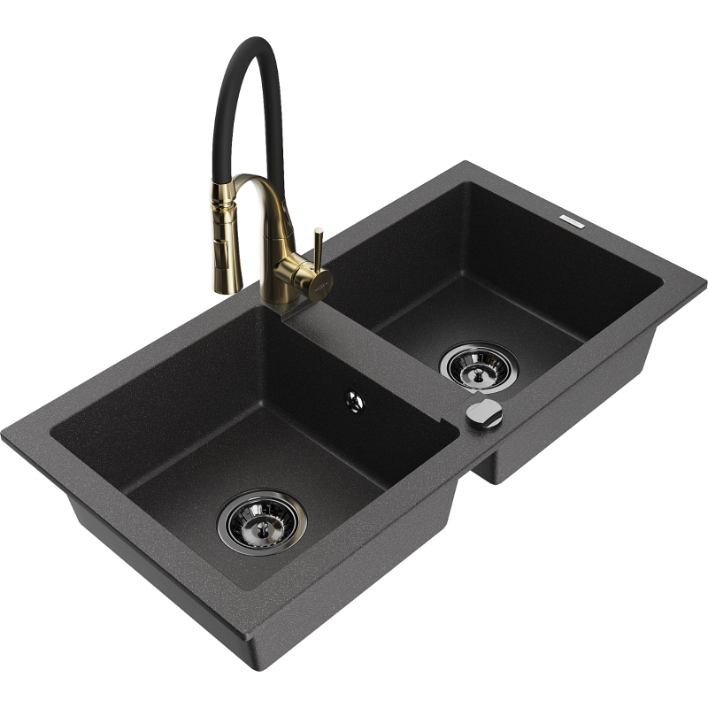 Mexen Mario lava-loiça de granito de 2 compartimentos com torneira de cozinha Aster, preto pontilhado - 6504-76-73450-57-B