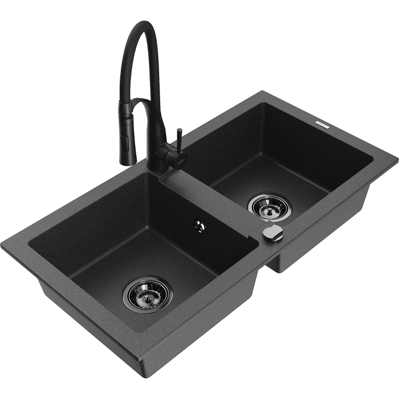 Mexen Mario 2-Bowl Granite Sink with Aster Kitchen Tap, Black Speckled - 6504-76-73450-70-B