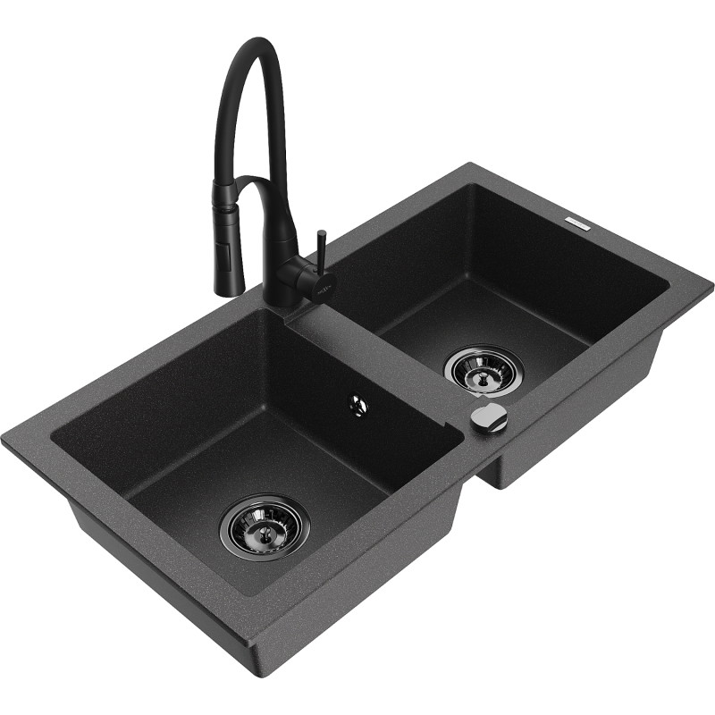 Mexen Mario fregadero de granito de 2 compartimentos con grifo de cocina Aster, negro moteado - 6504-76-73450-70-B