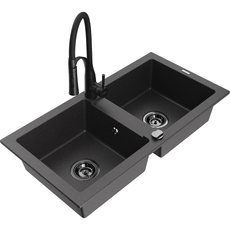 Mexen Mario lava-loiça de granito de 2 cubas com torneira de cozinha Aster, preto salpicado - 6504-76-73450-70-B
