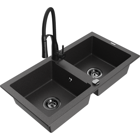 Mexen Mario 2-Bowl Granite Sink with Aster Kitchen Tap, Black Speckled - 6504-76-73450-70-B