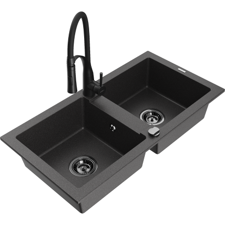 Mexen Mario fregadero de granito de 2 compartimentos con grifo de cocina Aster, negro salpicado - 6504-76-73450-70-B
