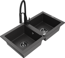 Mexen Mario 2-Bowl Granite Sink with Aster Kitchen Tap, Black Speckled - 6504-76-73450-70-B