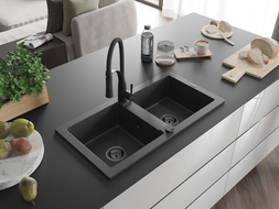 Mexen Mario 2-Bowl Granite Sink with Aster Kitchen Tap, Black Speckled - 6504-76-73450-70-B