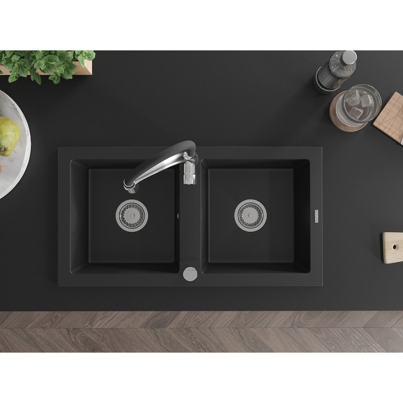 Mexen Mario 2-Compartment Granite Sink with Aster Kitchen Faucet, Black - 6504-77-73450-07