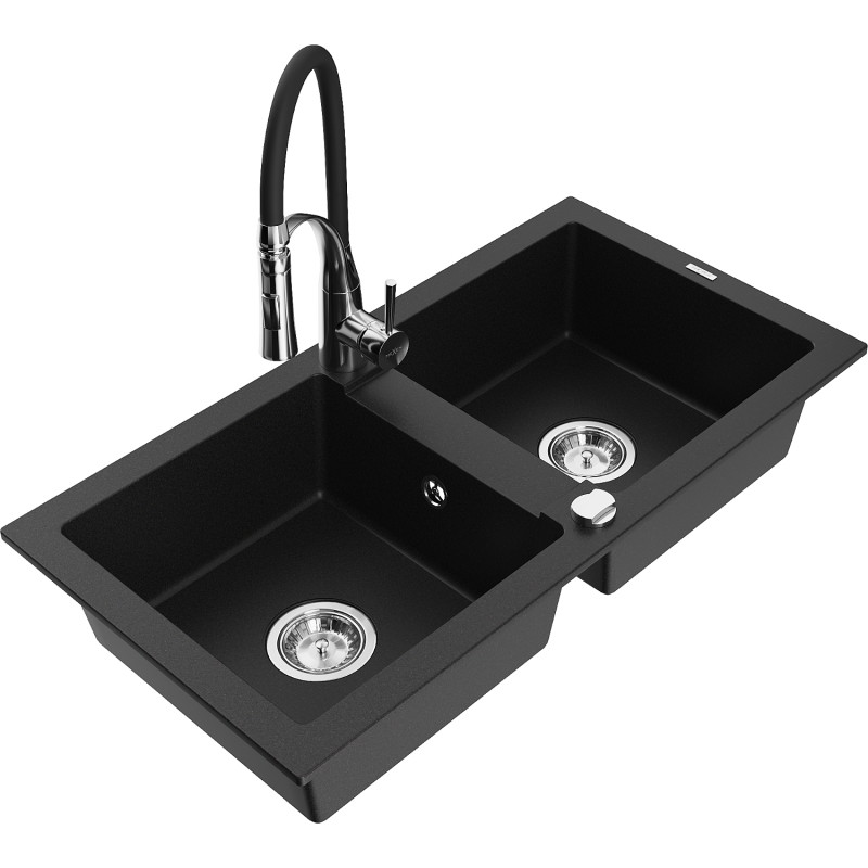 Mexen Mario 2-Compartment Granite Sink with Aster Kitchen Faucet, Black - 6504-77-73450-07
