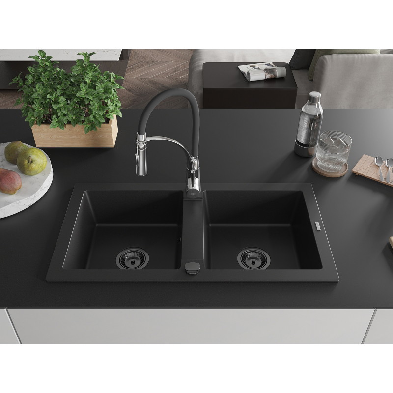Mexen Mario Granite double-bowl sink with Aster kitchen faucet, black - 6504-77-73450-07-B