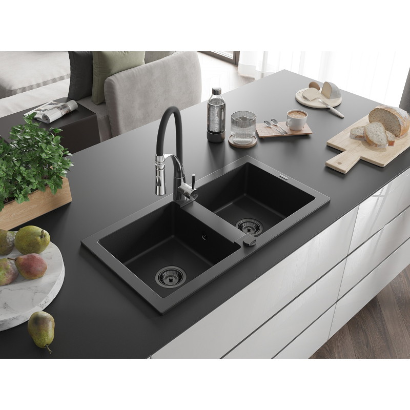 Mexen Mario Granite double-bowl sink with Aster kitchen faucet, black - 6504-77-73450-07-B