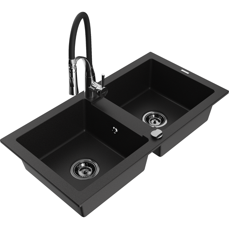 Mexen Mario fregadero de granito de 2 senos con grifo de cocina Aster, negro - 6504-77-73450-07-B
