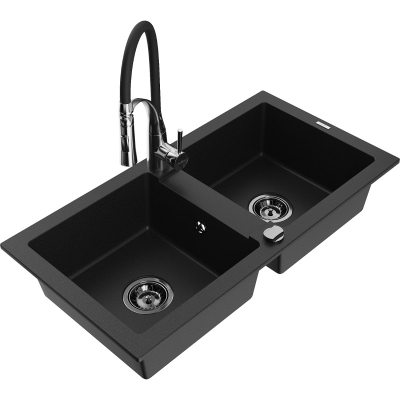 Mexen Mario Granite double-bowl sink with Aster kitchen faucet, black - 6504-77-73450-07-B