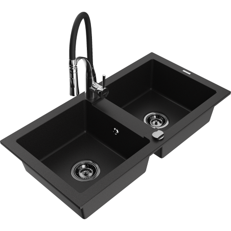 Mexen Mario Granite double-bowl sink with Aster kitchen faucet, black - 6504-77-73450-07-B