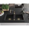 Mexen Mario granite sink 2-bowl with Aster kitchen tap, black - 6504-77-73450-57-G