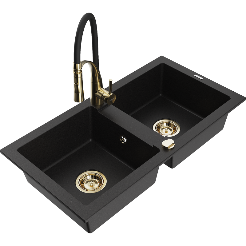 Mexen Mario fregadero de granito de 2 compartimentos con grifo de cocina Aster, negro - 6504-77-73450-57-G