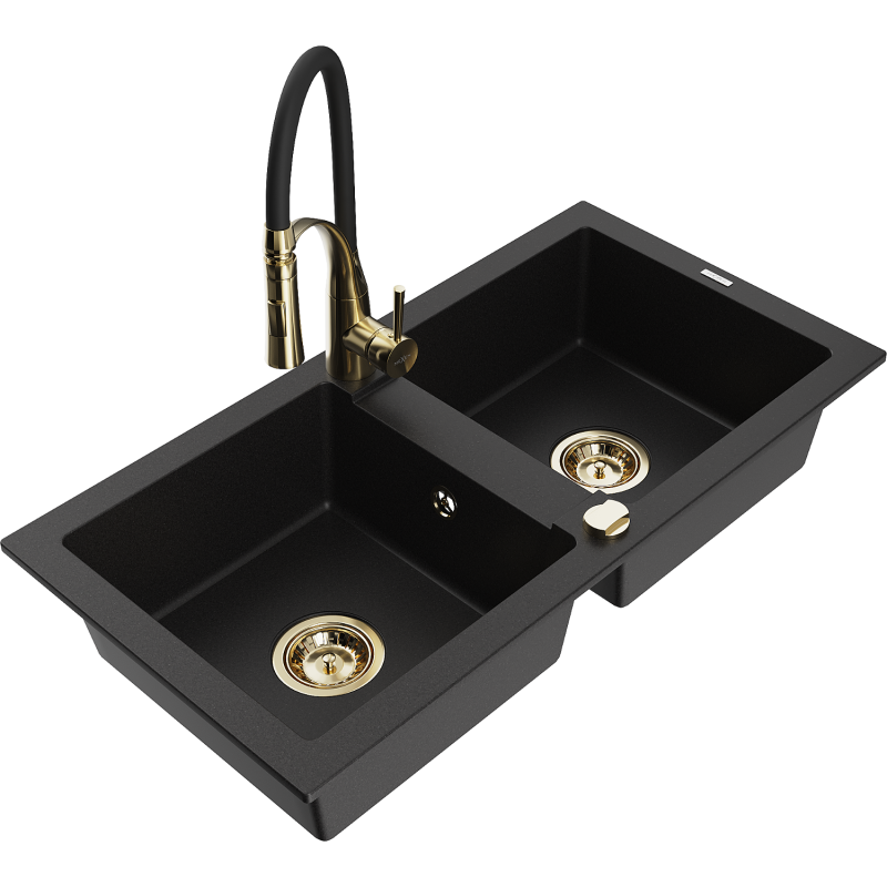 Mexen Mario granite sink 2-bowl with Aster kitchen tap, black - 6504-77-73450-57-G