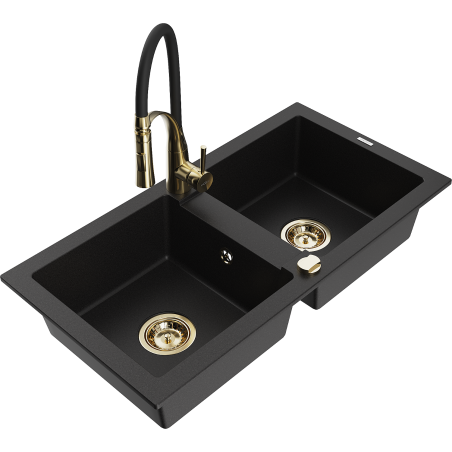 Mexen Mario granite sink 2-bowl with Aster kitchen tap, black - 6504-77-73450-57-G