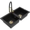 Mexen Mario granite sink 2-bowl with Aster kitchen tap, black - 6504-77-73450-57-G