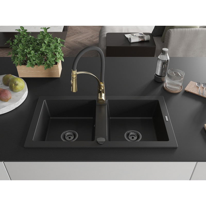 Mexen Mario fregadero de granito de 2 senos con grifo de cocina Aster, negro - 6504-77-73450-57-B