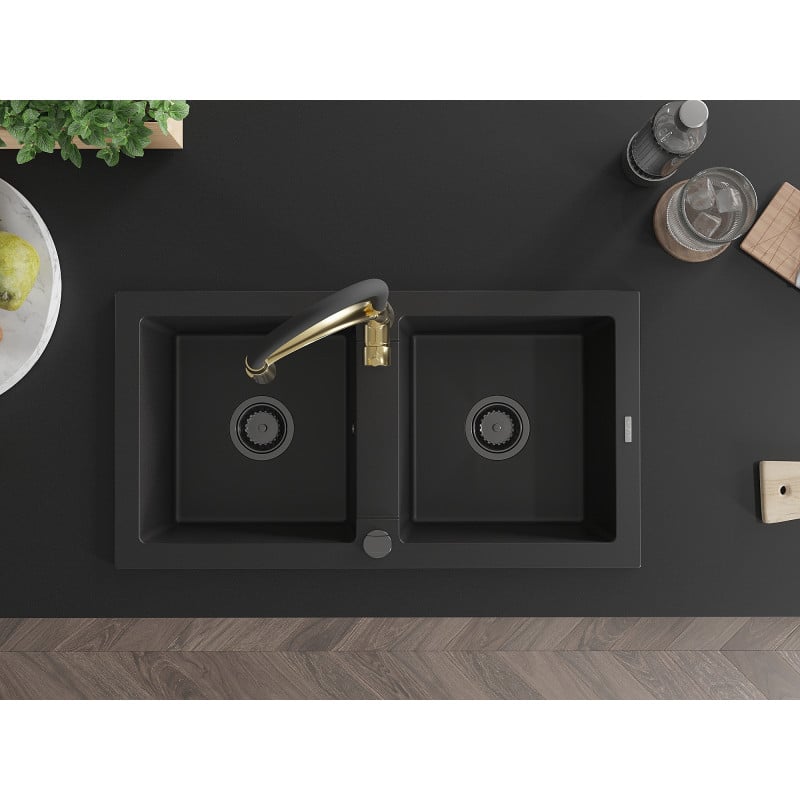 Mexen Mario fregadero de granito de 2 compartimentos con grifo de cocina Aster, negro - 6504-77-73450-57-B