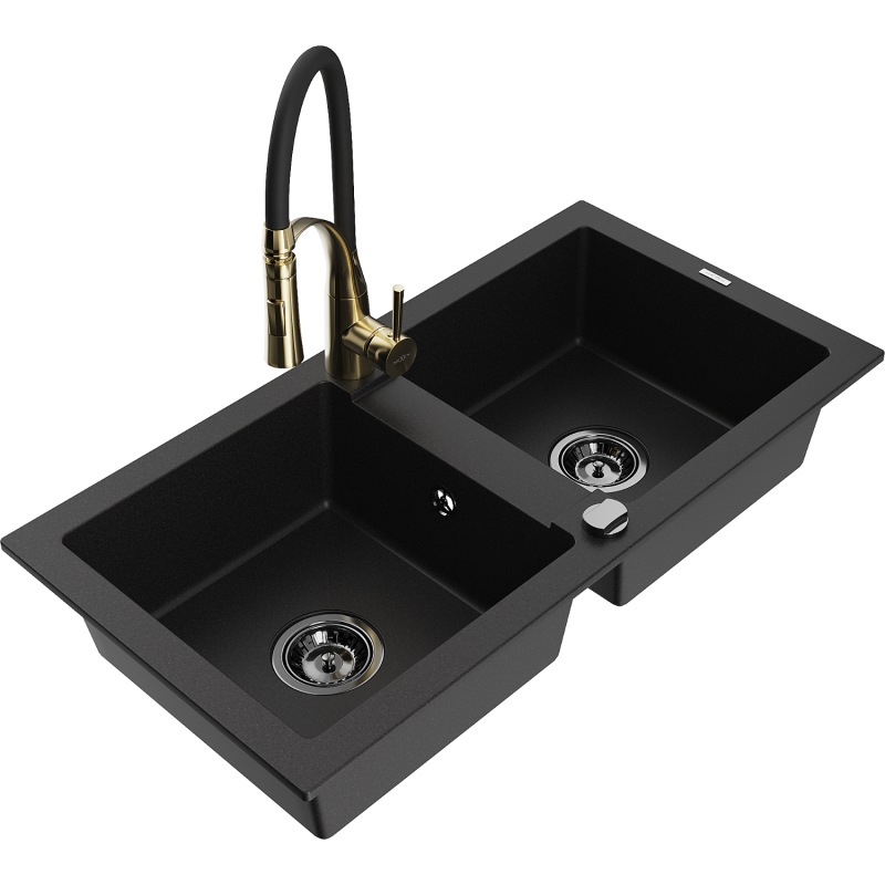 Mexen Mario fregadero de granito de 2 compartimentos con grifo de cocina Aster, negro - 6504-77-73450-57-B