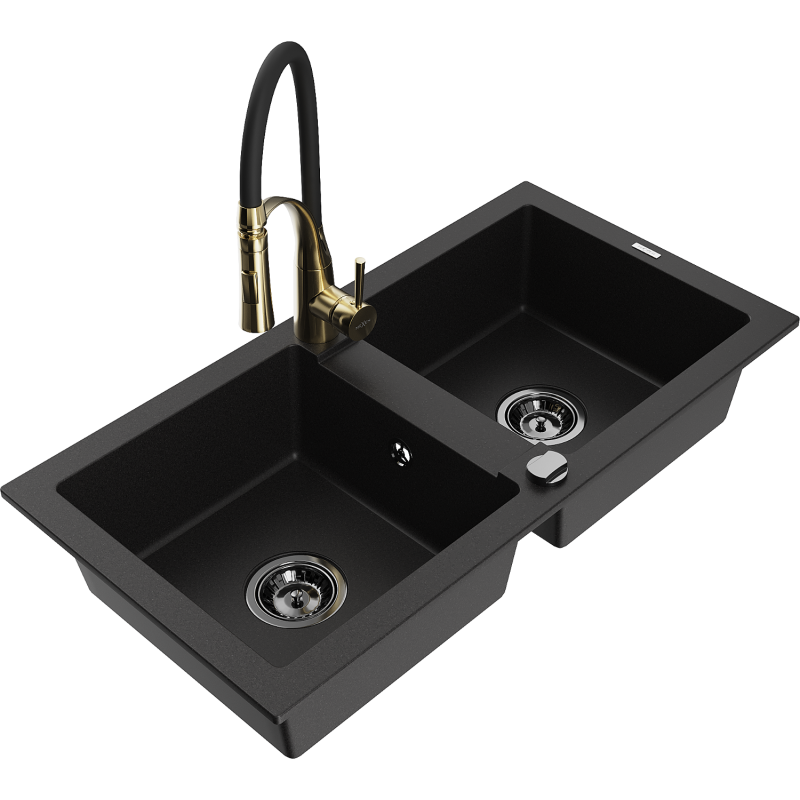 Mexen Mario lava-louça de granito de 2 cubas com torneira de cozinha Aster, preto - 6504-77-73450-57-B