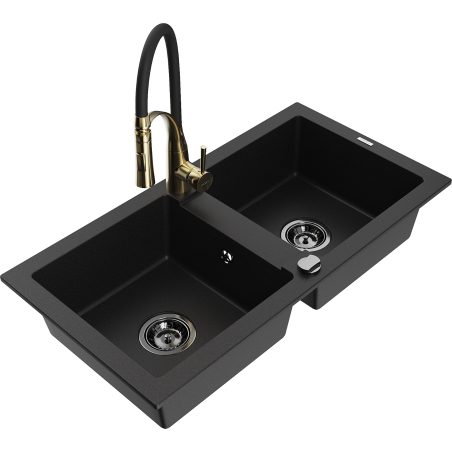 Mexen Mario 2-bowl granite sink with kitchen faucet Aster, black - 6504-77-73450-57-B
