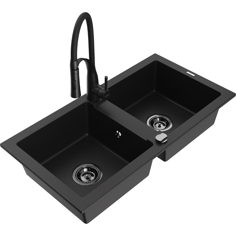 Mexen Mario fregadero de granito de 2 senos con grifo de cocina Aster, negro - 6504-77-73450-70-B