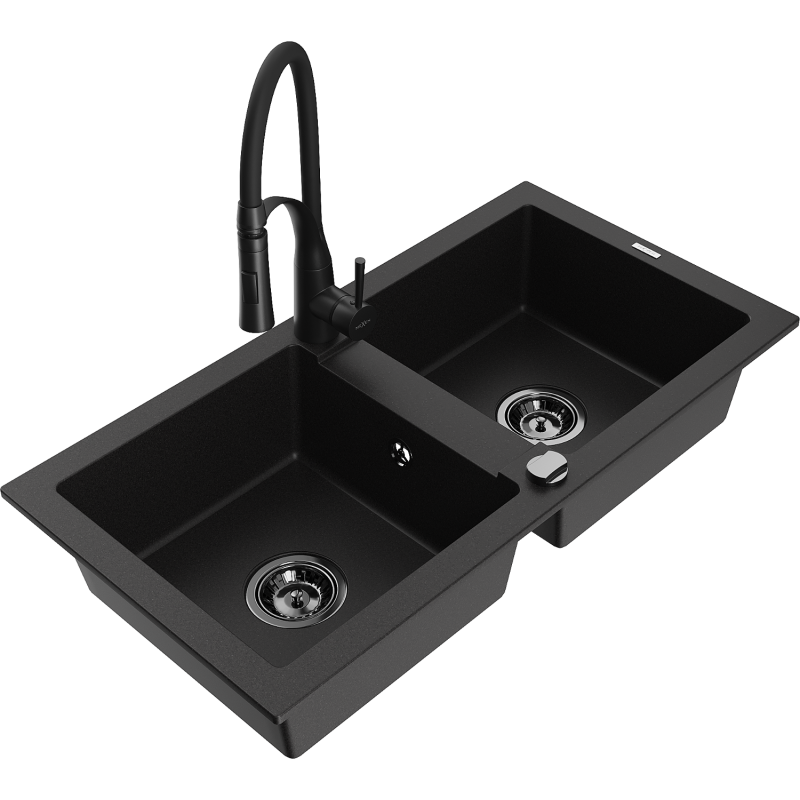 Mexen Mario granite sink with two bowls and Aster kitchen tap, black - 6504-77-73450-70-B
