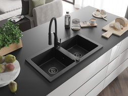 Mexen Mario Granitspüle 2-Becken mit Küchenarmatur Aster, schwarz - 6504-77-73450-70-B