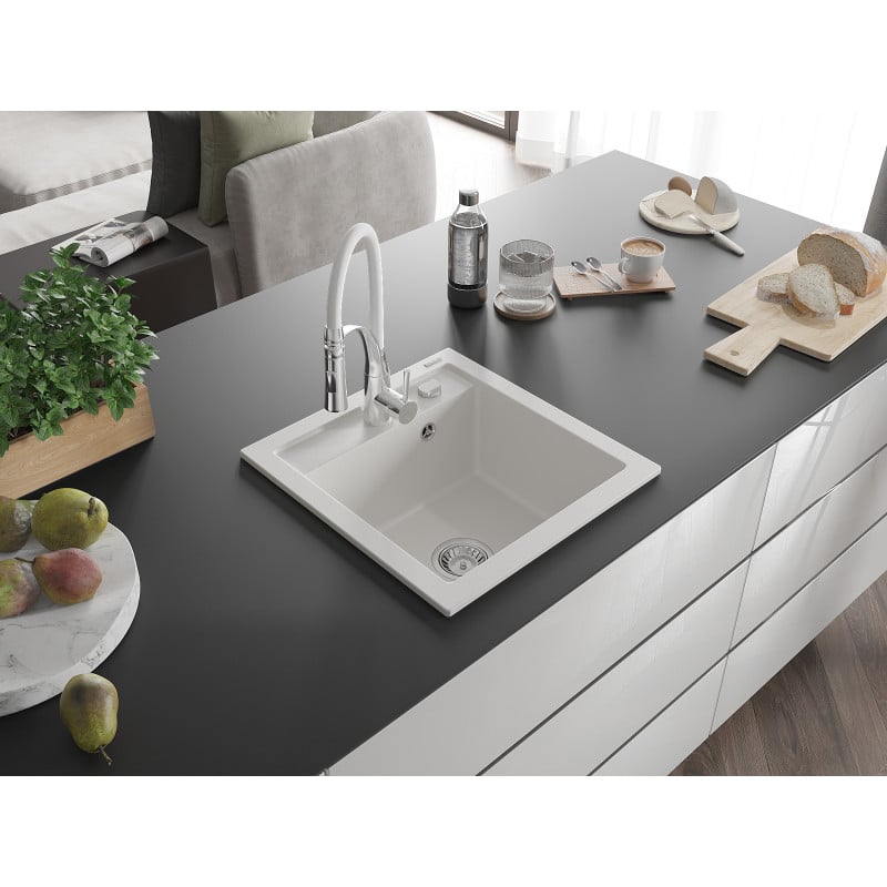 Mexen Vito fregadero de granito de 1 cuenca con grifo de cocina Aster, blanco - 6503-20-73450-02