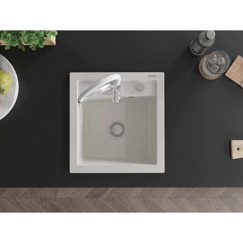 Mexen Vito 1-bowl granite sink with Aster kitchen tap, white - 6503-20-73450-02