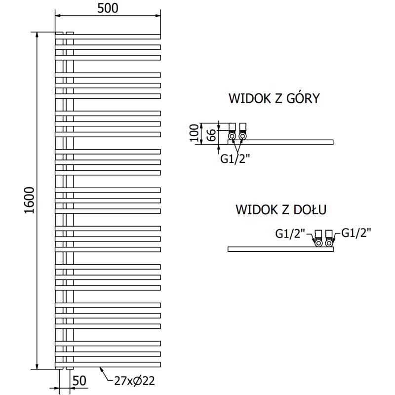 Mexen Neptun dekorativ badrumsradiator 1600 x 500 mm, 662 W, svart - W101-1600-500-00-70