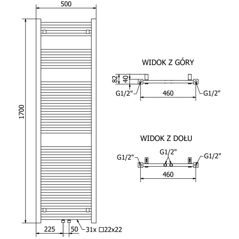 Mexen Pluton grzejnik łazienkowy 1700 x 500 mm, 855 W, czarny - W106-1700-500-00-70