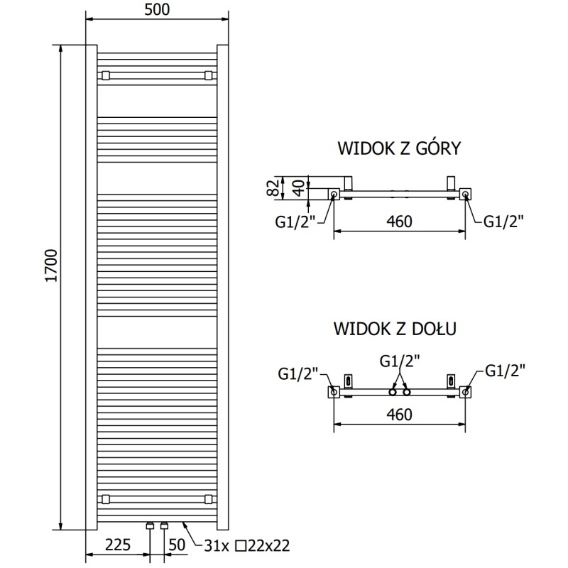 Mexen Pluton vannitoa radiaator 1700 x 500 mm, 855 W, must - W106-1700-500-00-70