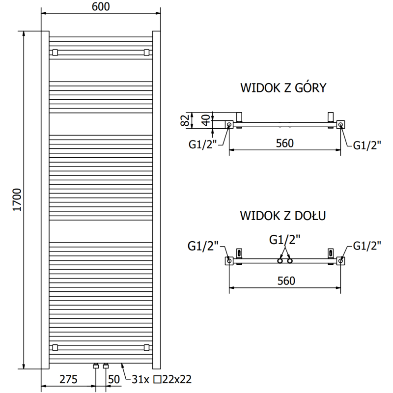Mexen Pluton badrumselement 1700 x 600 mm, 991 W, svart - W106-1700-600-00-70