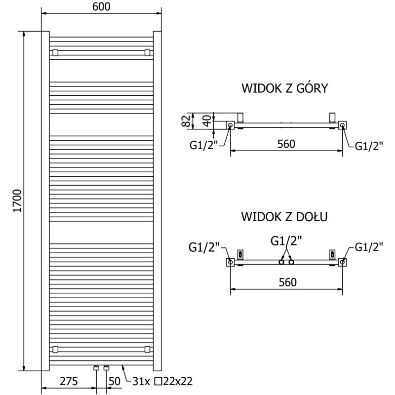 Mexen Pluton vannitoa radiaator 1700 x 600 mm, 991 W, must - W106-1700-600-00-70